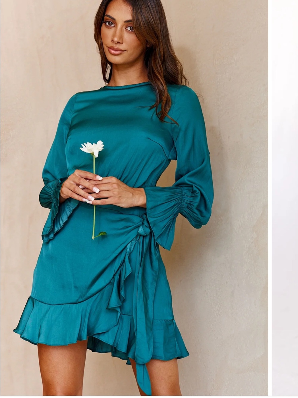 Selfie Leslie Teal Satin Ruffle Wrap Dress - Long Sleeve